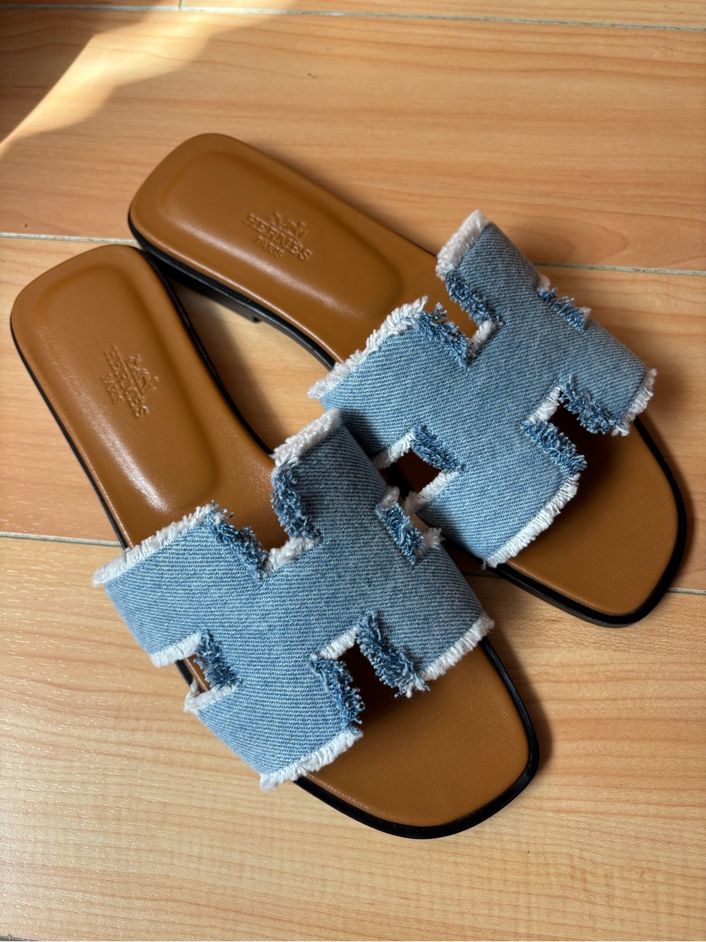 New Hermes Oran Denim Fringe Sandals